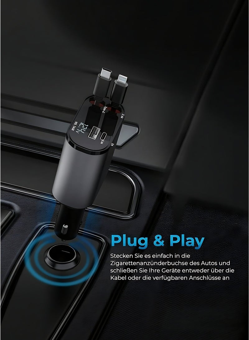 4-in-1 Retractable Car Charger USB-C Fast Charging Car Adapter with Built-in Cables for iPhone & USB-C Devices - Image 4